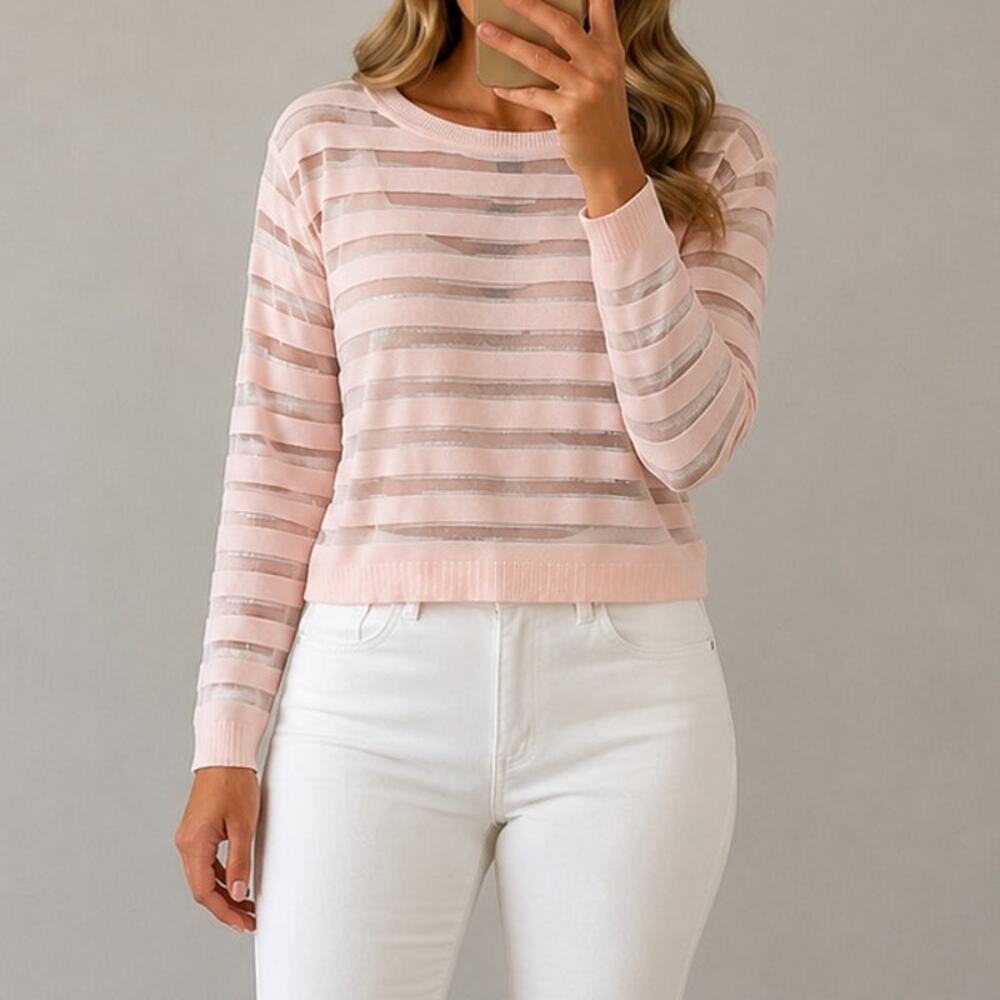 INC International Concepts🌿Metallic Stripe Sweater Women Large Pink Sheer Knit